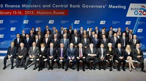 Les ministres des Finances et banquiers centraux du G20, samedi à Moscou. Le communiqué final du G20 confirme samedi l'engagement à ne pas pratiquer de dévaluation compétitive qui figurait dans le projet de texte rédigé à l'issue des négociations des mini