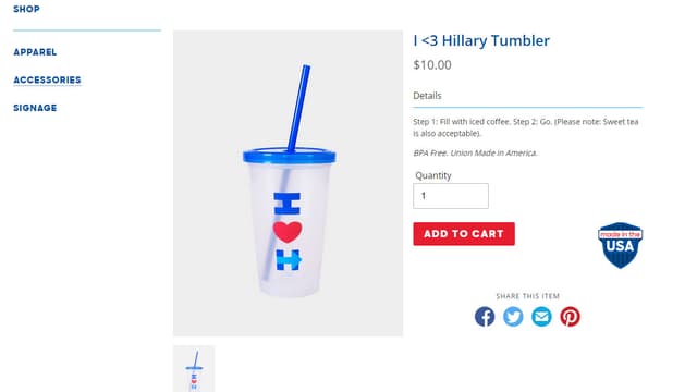 Un gobelet vendu sur le site de campagne d'Hillary Clinton.