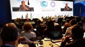 Le ministre de l'Environnement du Pérou Manuel Pulgar (sur l'écran) à la Conférence de l'ONU sur le climat, à Lima, le 12 décembre 2014. 