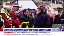 Inondations dans le Pas-de-Calais: Emmanuel Macron avec les pompiers à Blendecques