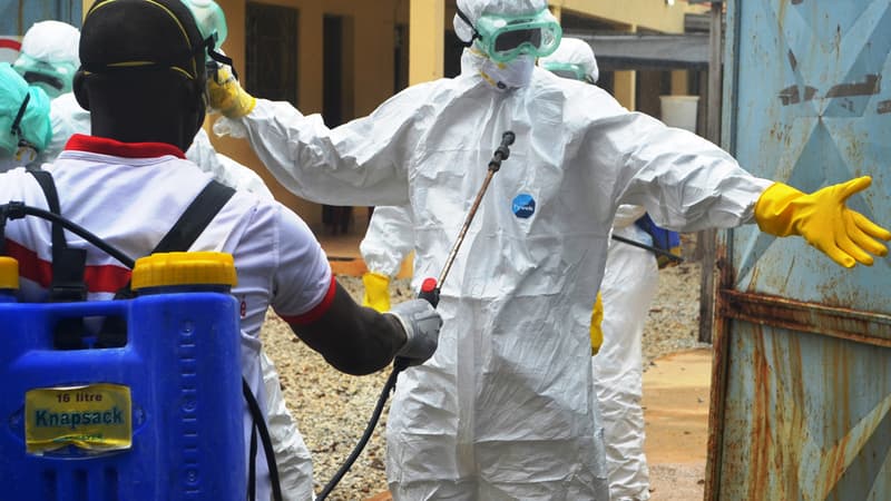 Un membre de la Croix-rouge se prépare à porter le corps sans vie d'une victime d'Ebola, à Conakry, en Guinée.