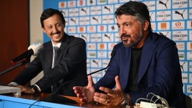 Pablo Longoria, le président de l'OM, aux côtés de Gennaro Gattuso lors de la présentation à la presse du coach italien, le 28 septembre 2023.