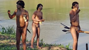 Extrait de la vidéo montrant un groupe d'Indiens "isolés" sortant pour la première fois de la hors de la forêt amazonienne.