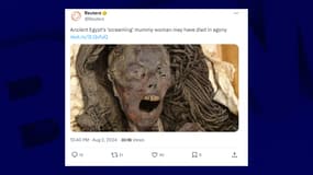 Capture d'un post de l'agence britannique Reuters sur X montrant la momie "hurlante", le 2 août 2024. 