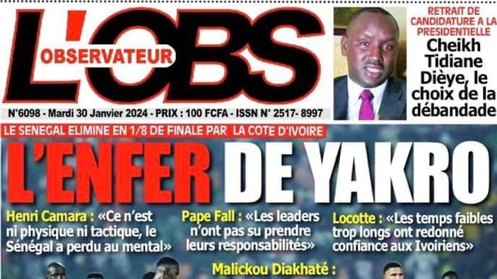 La Une du quotidien sénégalais L'Observateur le 30 janvier 2024 après la défaite des Lions de la Téranga contre la Côte d'Ivoire (1-1, 5 t.a.b. 4) en 8e de finale de la CAN