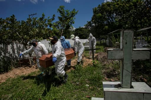 Des employés d'une cimetière de Recanto da Paz, au Brésil, avec des équipements de protection le 7 juin 2020 Des employés d'une cimetière de Recanto da Paz, au Brésil, avec des équipements de protection le 7 juin 2020