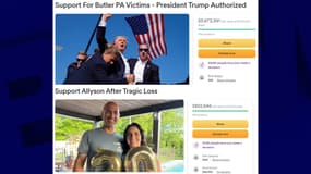 Les pages d'accueil des cagnottes pour les victimes et proches de victimes de l'attaque du meeting du 13 juillet 2024 de Donald Trump en Pennsylvanie, avec les montants atteints à la mi-journée lundi 15 juillet