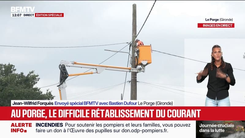 Incendie en Gironde: au Porge, les techniciens d'Enedis mobilisés pour remplacer les câbles brûlés par les flammes et rétablir le courant