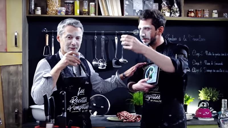 Antoine de Caunes et Monsieur Poulpe dans le deuxième épisode des Recettes pompettes, sur Youtube.
