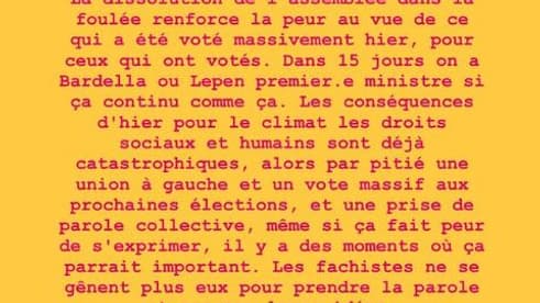 La story Instagram du chanteur Voyou, le 10 juin 2024, au lendemain des élections européennes. La story Instagram du chanteur Voyou, le 10 juin 2024, au lendemain des élections européennes.