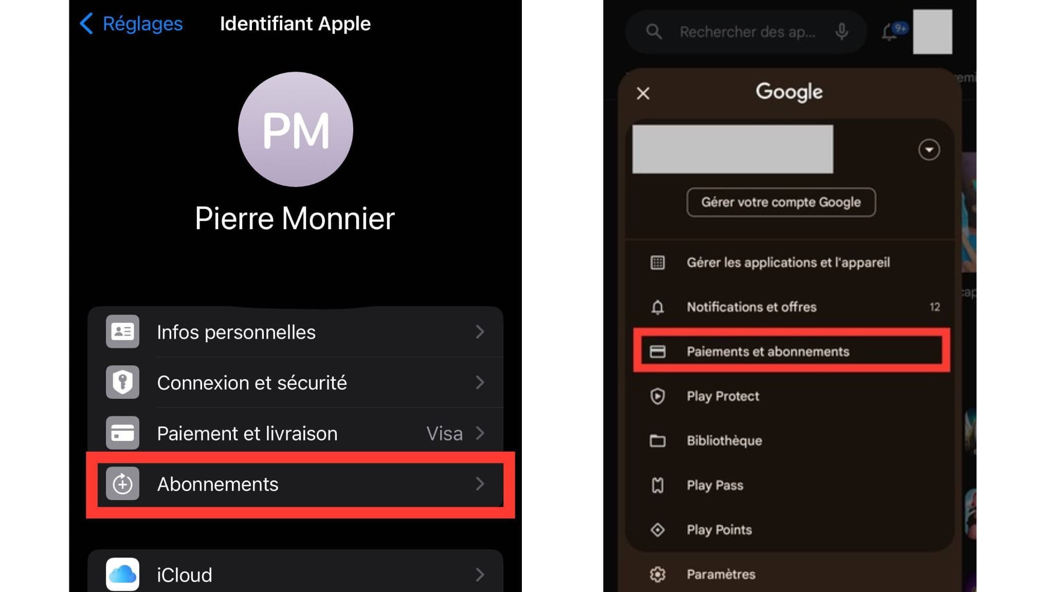 Les menus d'abonnements sur iOS et Android permettent de gérer les contrats souscris via son téléphone.