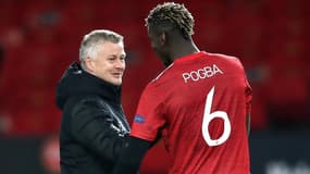 Paul Pogba et Ole Gunnar Solskjaer, après la victoire de Manchester United contre la Roma