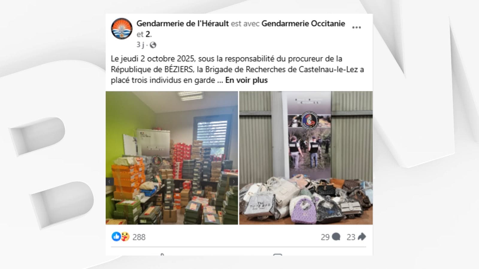 TRAFIC DE CONTREFAÇONS SUR SNAPCHAT: 1.540 OBJETS SAISIS PAR LES GENDARMES DE CASTELNAU-LE-LEZ