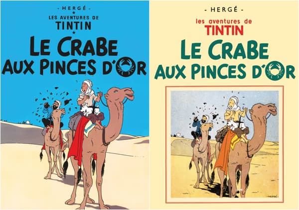 Les couvertures des deux éditions du "Crabe aux pinces d'or" de Hergé