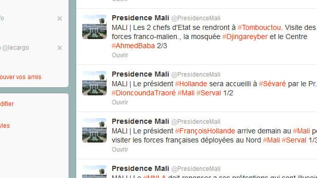 Les tweets du compte "Présidence Mali" présentant les détails du déplacement de François Hollande sont désormais indisponibles.
