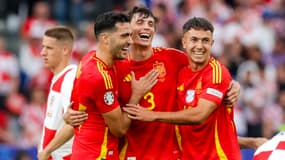 Mikel Merino, Robin Le Normand et Martin Zubimendi lors de la victoire de l'Espagne pour la première journée de l'Euro, 15 juin 2024