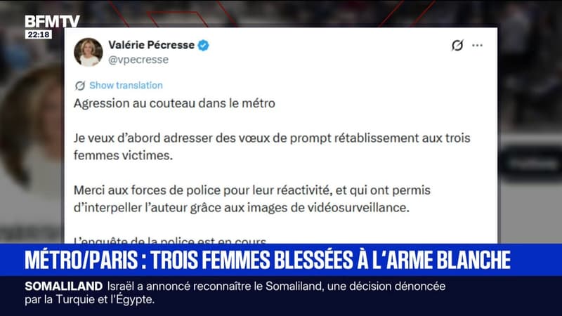 Agression au couteau dans le métro parisien: sur X, Valérie Pécresse a salué "la réactivité des forces de l'ordre"