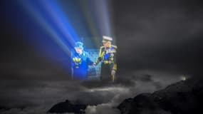 L'image de la reine et du prince Philip, projetée dans le ciel de Suisse le 17 septembre 2022.