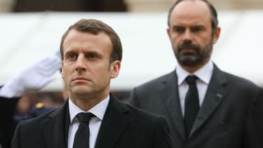 Emmanuel Macron et Edouard Philippe à une cérémonie en hommage au colonel Arnaud Beltrame, le 28 mars 2018.