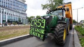 Des membres du syndicat agricole local Coordination Rurale participent à une manifestation devant le bâtiment de la Direction Départementale des Territoires et de la Mer (DDTM) à Lille, dans le nord de la France, le 28 mai 2025.