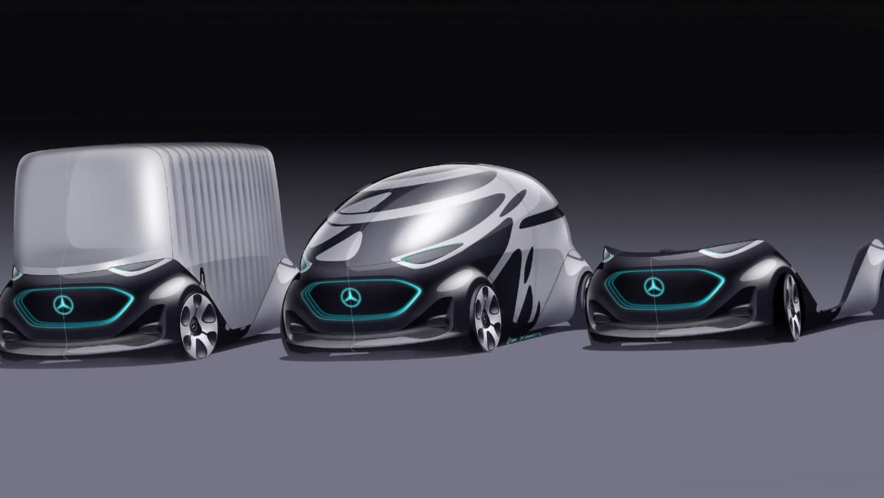 A droite se trouve la plateforme unique de ce nouveau type de transport. Elle peut être couplée avec une cabine de transports de passagers (au centre), ou de transports de marchandises (à gauche). 