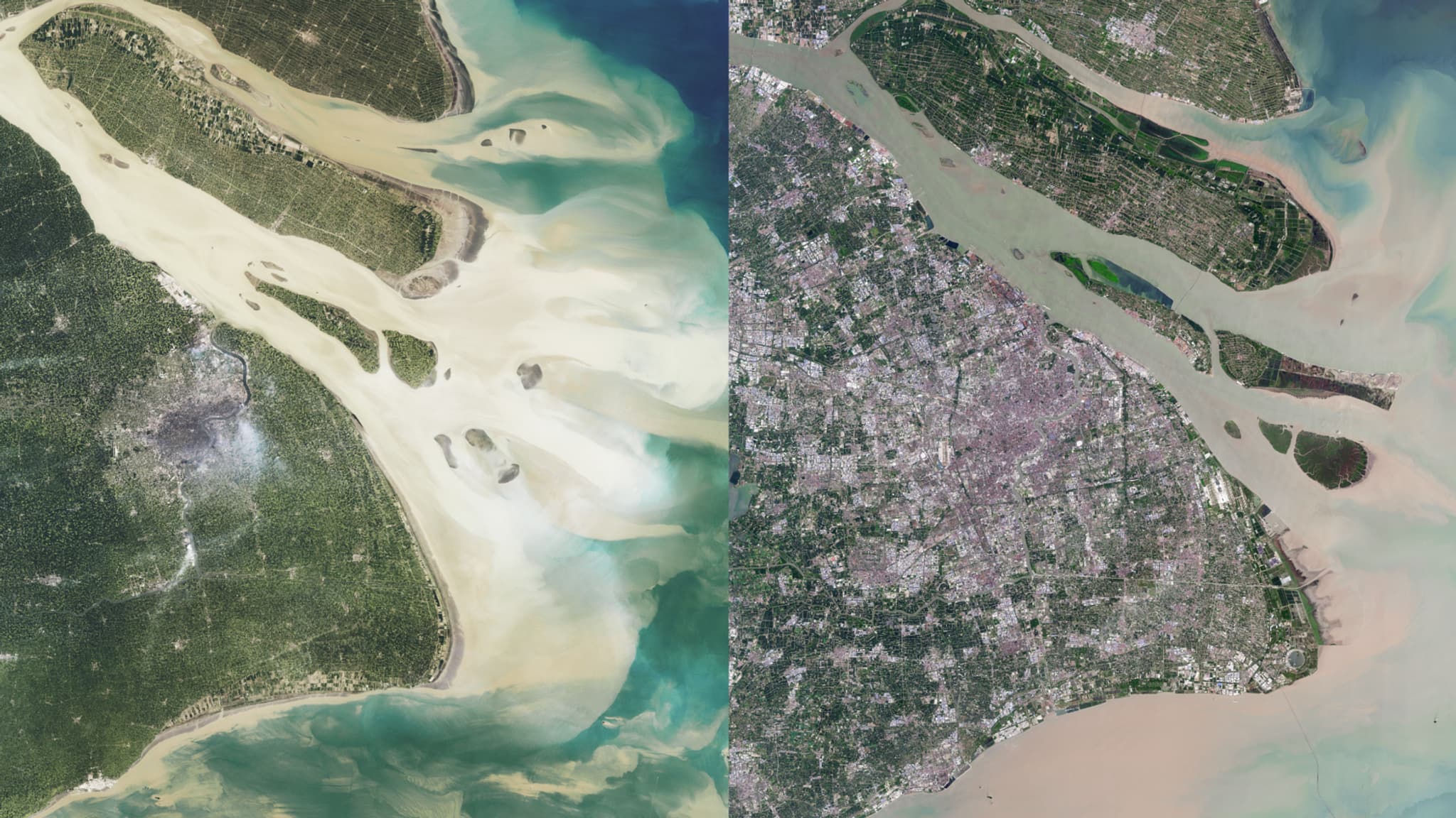 Vue aérienne de la ville de Shanghaï en 1984 et en 2019, capturé par Landsat