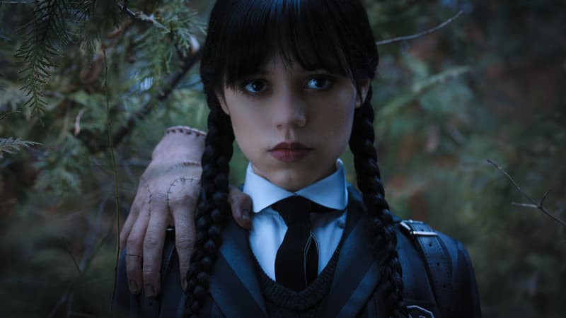Jenna Ortega dans la série Netflix "Mercredi Addams" réalisée par Tim Burton qui sort le 23 novembre 2022. 
