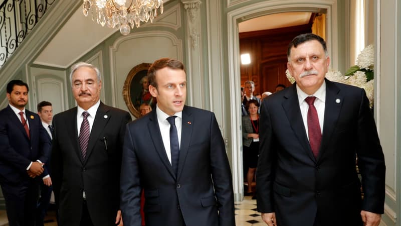 Emmanuel Macron et Fayez al-Sarraj et Khalifa Haftar.