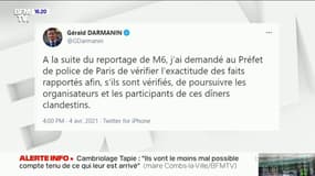 Dîners clandestins: Gérald Darmanin a demandé au Préfet de police de Paris de "vérifier l'exactitude des faits"