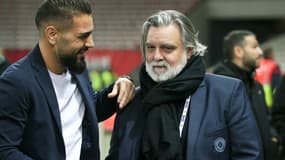 Andy Delort et Laurent Nicollin le 11/01/2023 lors d'un match de Ligue 1 entre Nice et Montpellier 