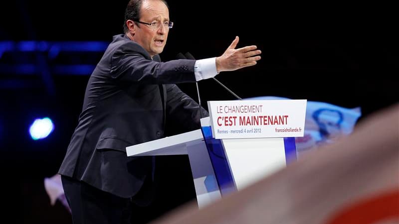 "Prêt à agir" dès son éventuelle arrivée à l'Elysée le 6 mai, François Hollande a détaillé mercredi soir à Rennes sa feuille de route pour la première année de présidence sans ménager ses coups de griffe contre Nicolas Sarkozy. /Photo prise le 4 avril 201