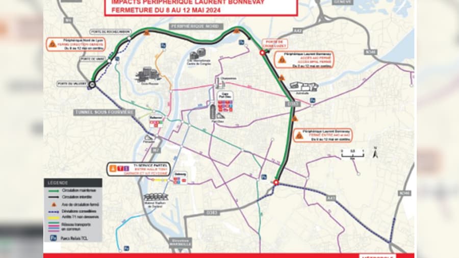 Dans la métropole de Lyon, le périphérique Laurent Bonnevay ferme dès ce 8 mai 2024 à minuit pour les travaux de la future ligne T9