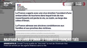 La réaction du ministère des Affaires étrangères après la mort de trois touristes français dans un naufrage au large d'Oman