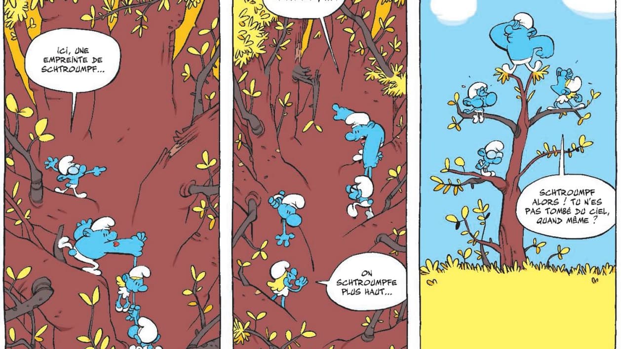 Une case de la BD "Qui est ce schtroumpf?" de Tébo