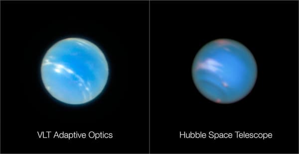 Comparaison des prises de vue entre le Très Grand Télescope (VLT) à gauche, installé sur Terre, et le télescope spatial Hubble (à droite). 