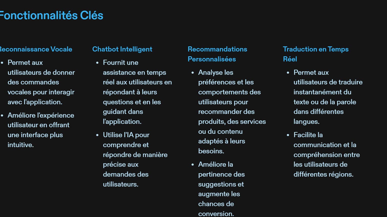 Un extrait de la présentation d'un projet d'application mobile générée par Tome.