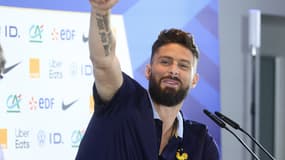 L'attaquant de l'équipe de France Olivier Giroud en conférence de presse