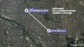 Le parcours de la manifestation du samedi 11 février à Paris.