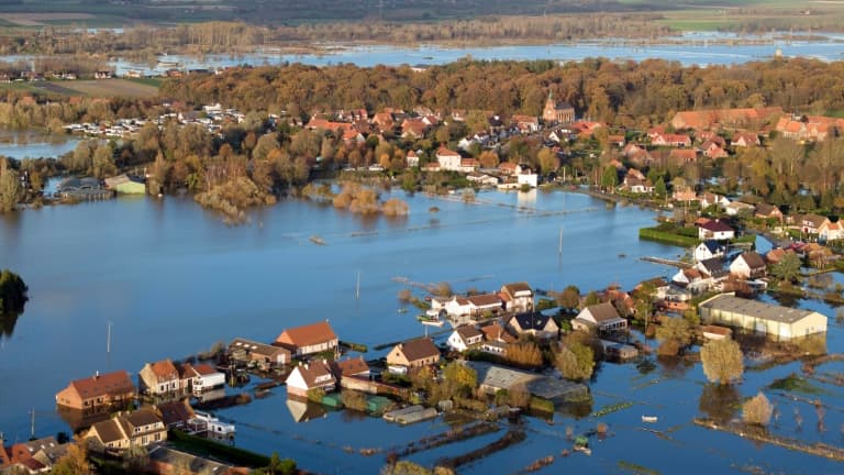 Vue aérienne des inondations à Clairmarais, dans le Pas-de-Calais, le 17 novembre 2023