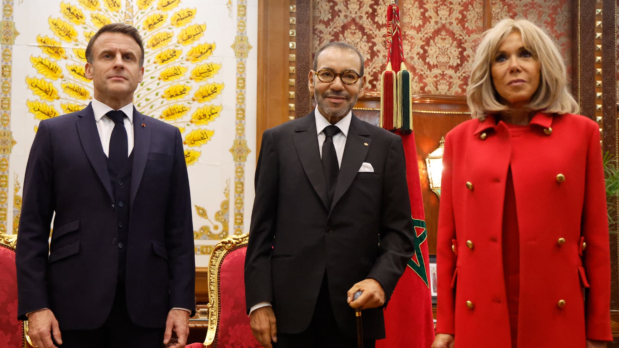 Le roi du Maroc Mohammed VI, Emmanuel Macron et Brigitte Macron