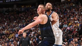 Nikola Jojic et Rudy Gobert au duel lors du match Denver-Minnesota (112-97, NBA), le 14 mai 2024