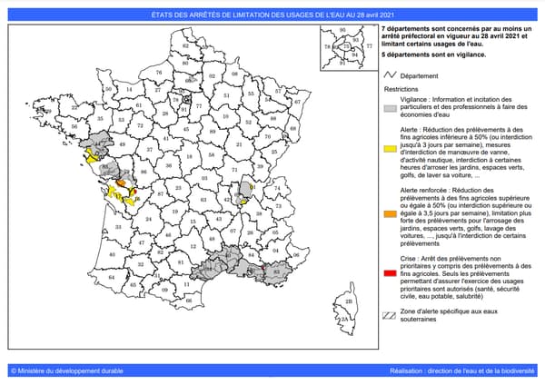 Carte des arrêtés de restrictions d'eau au 28/04/2021 Carte des arrêtés de restrictions d'eau au 28/04/2021