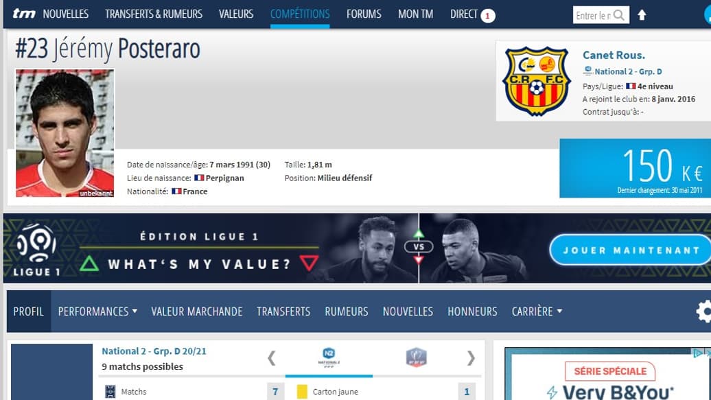 La fiche Transfermarkt de Jérémy Posteraro, héros du Canet contre l'OM en Coupe de France La fiche Transfermarkt de Jérémy Posteraro, héros du Canet contre l'OM en Coupe de France