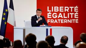 Le président Emmanuel Macron lors d'une conférence de presse, le 16 janvier 2024 à l'Elysée, à Paris. (Photo d'archive)