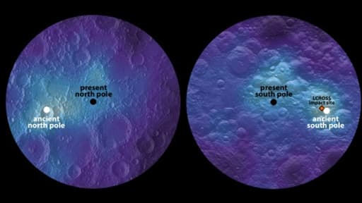 Image fournie le 23 mars 2016 par la revue Nature montrant les différents pôles de la Lune Image fournie le 23 mars 2016 par la revue Nature montrant les différents pôles de la Lune