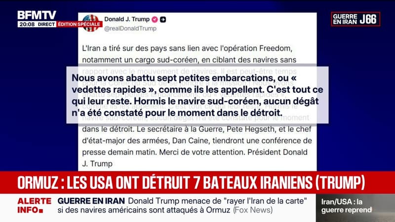 Détroit d'Ormuz: "Nous avons abattu sept petites embarcations", annonce Donald Trump