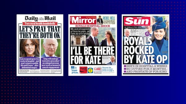 Les Unes des tabloïds britanniques, le 18 janvier 2024, après l'annonce de l'hospitalisation de Kate Middleton.