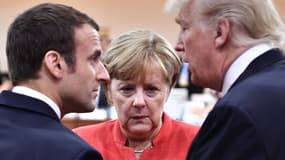 Emmanuel Macron, Angela Merkel et Donald Trump lors du G20 à Hambourg le 7 juillet.