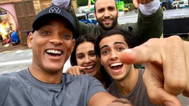 Will Smith, Mena Massoud, Naomi Scott et Marwan Kenzari, les acteurs du film "live" Aladdin, dirigé par Guy Ritchie.