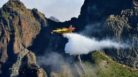 Un Canadair espagnol au-dessus d'un incendie de forêt, le 23 août 2024 près de Santana sur l'île portugaise de Madère.
